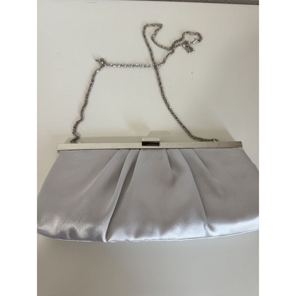 Gunne Sax Silver Satin Pleated Evening Clutch Bag with Chain Strap